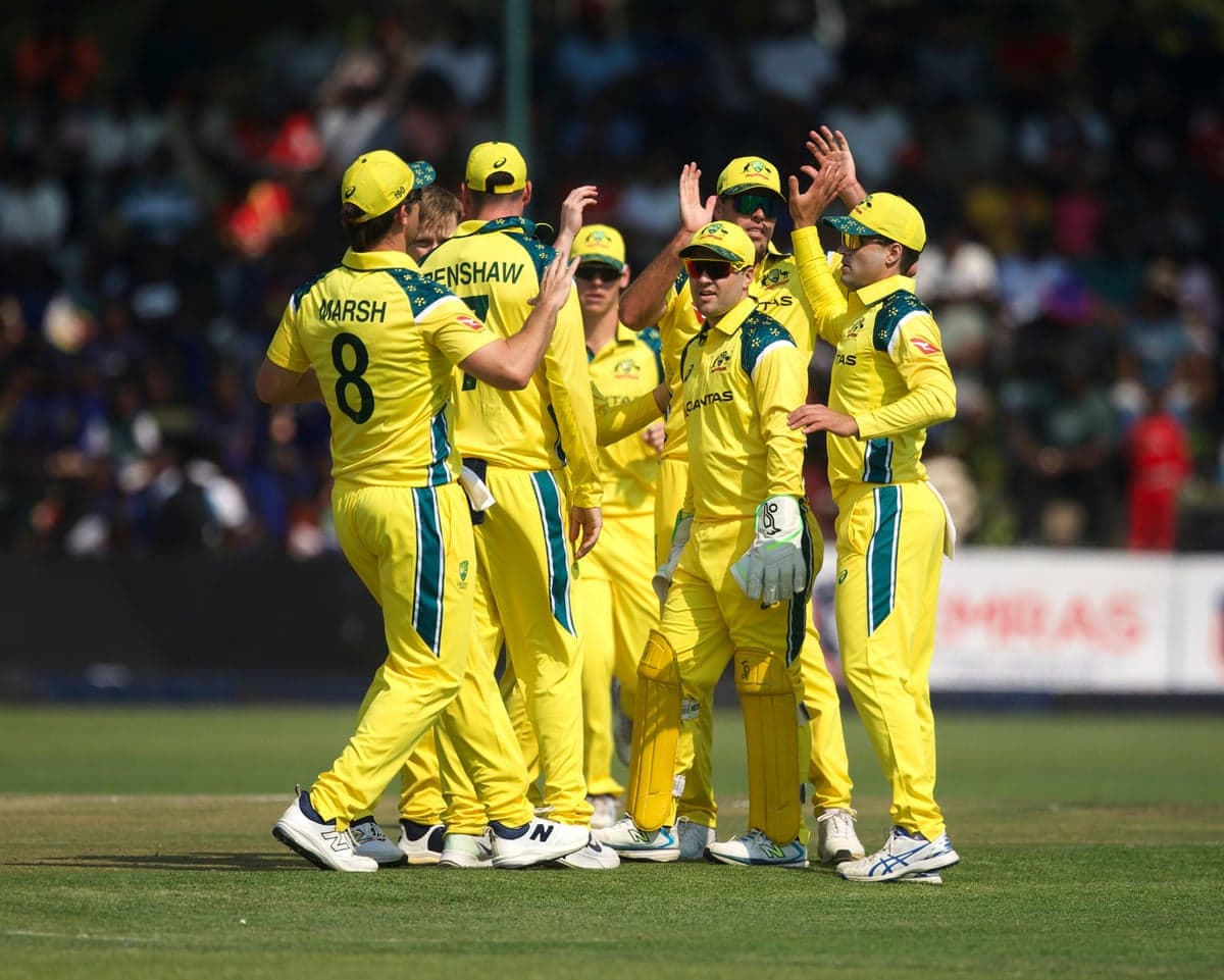 Australia players celebrate a wicket