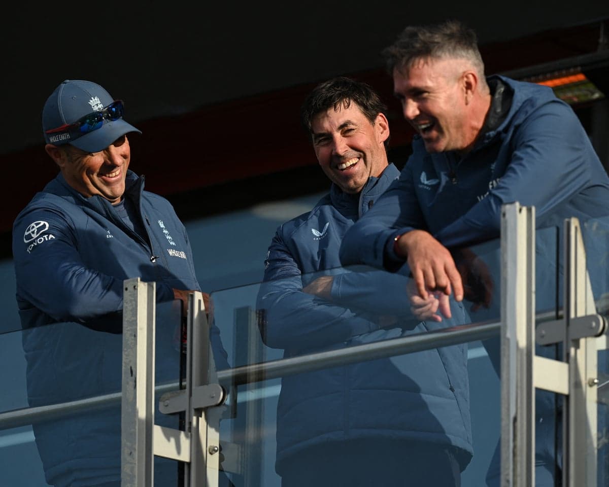 England's assistant coach Marcus Trescothick (left), Test coach Stephen Fleming (centre) and England's white-ball coach Kevin Pietersen share a joke after the T20 series victory.