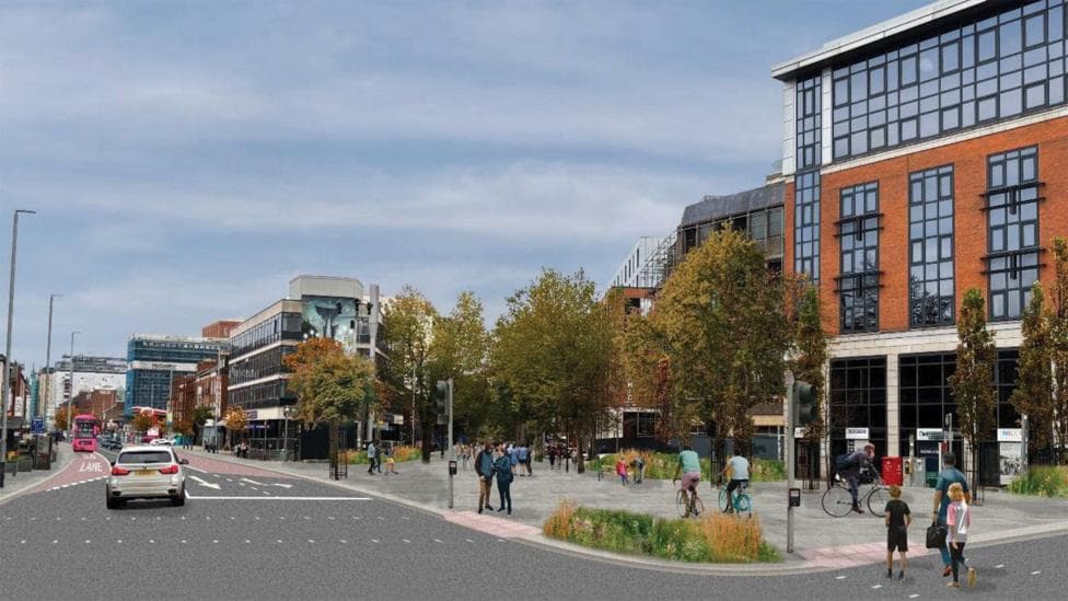 An artists impression of a street in Belfast city centre, it has people walking on footpaths and cars and buses going down a road